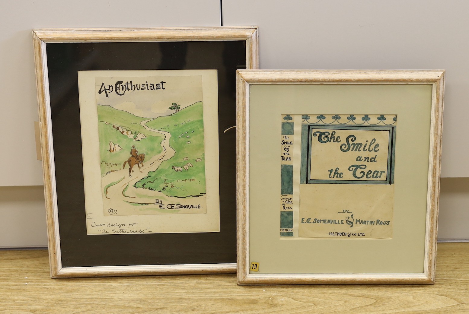 Edith Oenone Somerville (1858-1949), two ink and watercolor designs for book jackets, The Smile and The Tear & An Enthusiast, signed and inscribed, 24 x 17cm and 21 x 19cm